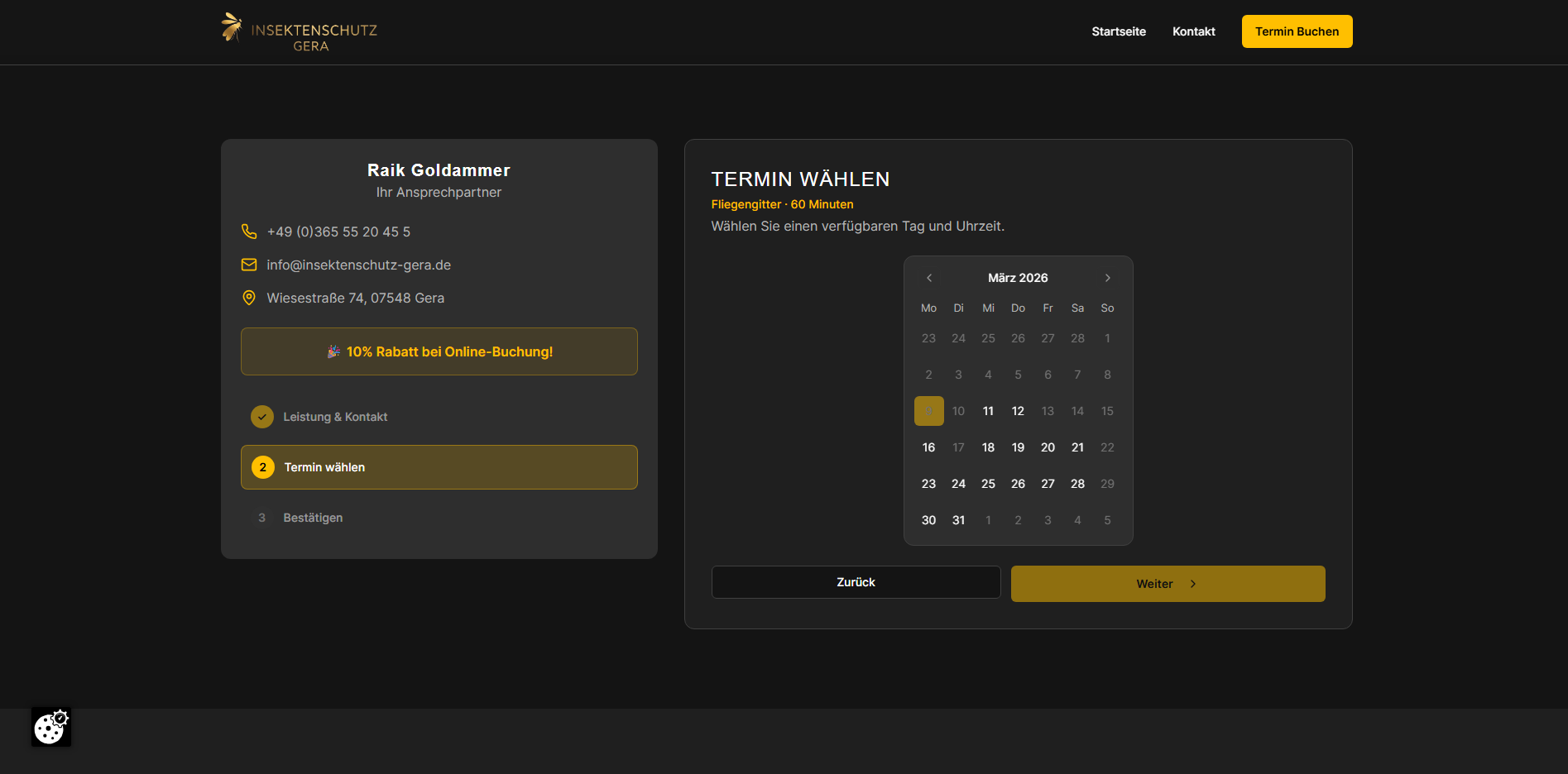 Insektenschutz Gera - Buchungskalender mit Terminauswahl