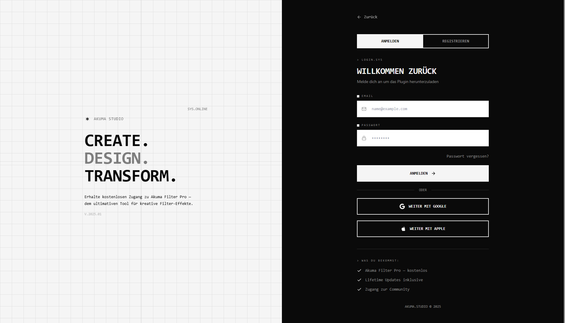 Akuma Plugin Studio Login-Seite